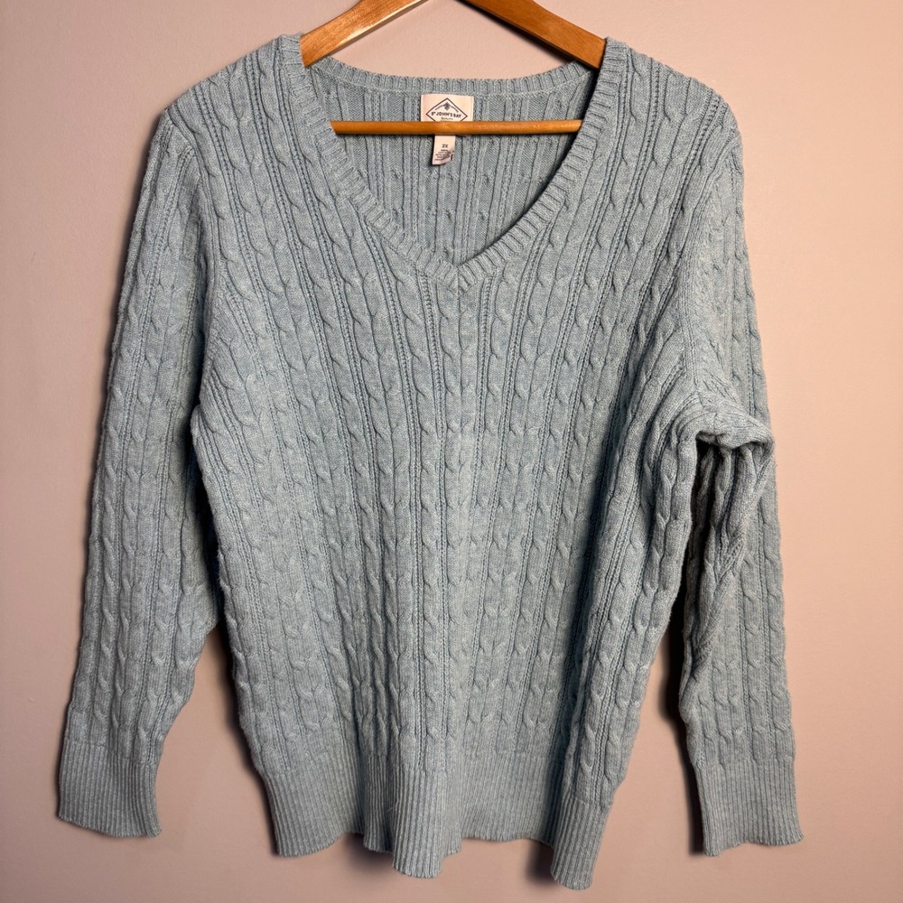 St John's Bay Womens 2X‎ Cable Knit V-Neck Sweater Mint Academia Preppy Chic